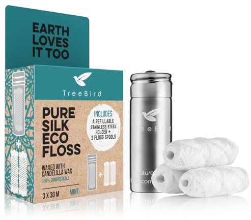 TreeBird biologisch abbaubare Zahnseide, nachfüllbarer und wiederverwendbarer Spender ohne Abfall, 3 x 30 m, gewachst, natürlich, tierversuchsfrei, 100 % kompostierbar, umweltfreundlich, plastikfrei,