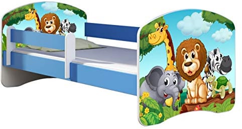 ACMA Kinderbett 160x80 cm Blau mit Matratze & Lattenrost – Jugendbett ab 3 Jahren mit Rausfallschutz, personalisiertes Motiv 02 Animals, stabiles Kinderbett für Kinderzimmer, belastbar bis 120 kg