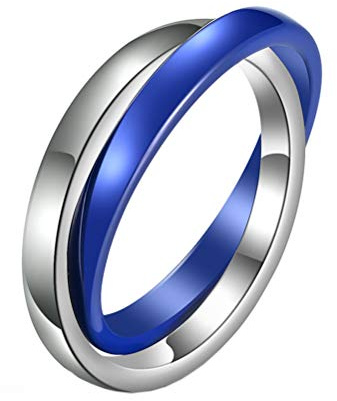 PAURO Herren Damen Keramik und Edelstahl Hochglanzpoliertes verriegeltes Rollen 2 im 1 Ring Silber Blau Größe 52 (16.6)