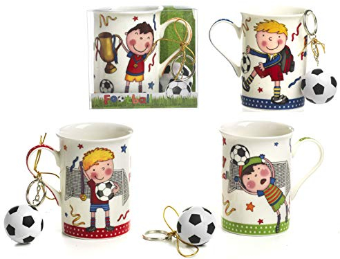 4 tazas de desayuno con diseño de futbolista de porcelana con llavero, balón de fútbol, simpática caja de regalo para invitados