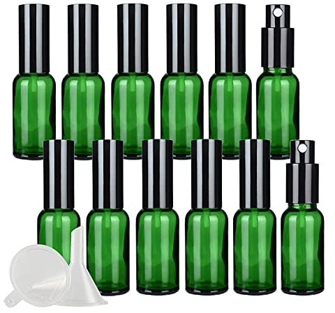 ZEOABSY 12 Pcs 30ml Empty Green Glass with Fine Mist Spray Bottles Travel Portable Small Refillable Sprayer Bottles with Black Pump Head for Cosmetic Perfume Containers, with 3X Funnel