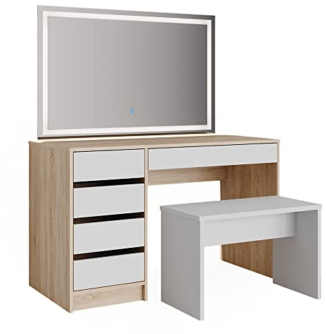Vicco Schminktisch Sherry, Sonoma/Weiß, 120 cm mit LED Spiegel und Hocker