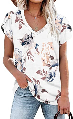 PLOKNRD Damen Tops V-Ausschnitt Blütenblatt Ärmel T-Shirt Sommer Freizeit Kurzen Ärmeln Strand Oberteile(Blumen weiß,L)
