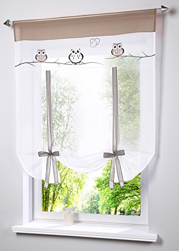 Devola Raffrollo Eule Muster Bestickte Gardine Transparente Voile Raffgardinen mit Tunnelzug Rollo Moderne Gardine Dekoration Vorhänge BxH 60x120cm Sand 1er Pack