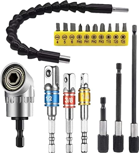 Flexible Schaft Bits Bohrer Verlängerung, 1Pcs 105° Winkelschrauber Vorsatz Adapter, 3Pcs Akkuschrauber Stecknussadapter Set(1/4, 3/8, 1/2 Zoll), 1Pcs flexibler Winkelverlängerung Bit Kit