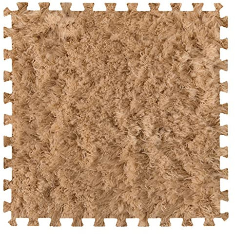 16Pcs Interlocking Foam Carpet,Shaggy Soft Foam Play Mat,Fluffy Area Rugs,Square Plush Puzzle Floor Tiles,Crawling Mats for Living Room Bedroom,12X12inch,Light Coffee