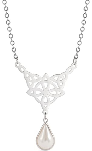 unift Nudo de Bruja Collar Para las Mujeres de Acero Inoxidable Hueco Nudo Celta Con Forma de Lágrima Amatista Colorido Collar Colgante de Cristal Símbolo de la Brujería Regalos de Joyería (perla)