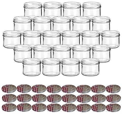 gouveo 24er Set Einmachgläser 230 ml rund mit Schraubdeckel Herz-rot - Vorratsgläser mit Drehverschluss TO82 - Marmeladengläser, Einkochgläser, Wurstgläser