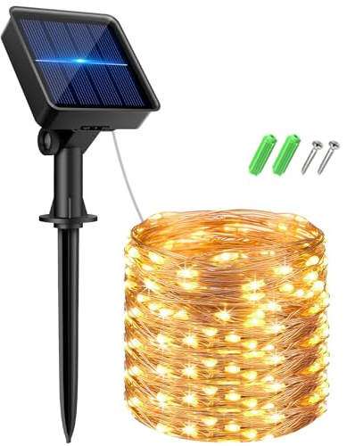 kolpop Solar Lichterkette Aussen, LED Lichterkette Außen Solar Lichterkette Wasserdicht KupferDraht Solar Weihnachtsbeleuchtung Außen 8 Modi Deko für Garten Balkon Party Hochzeit Warmweiß