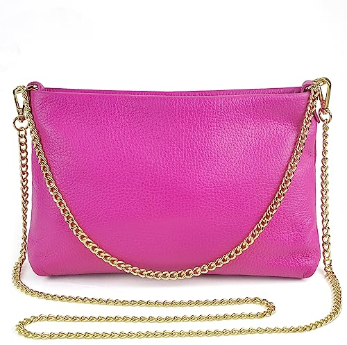Dasein Sac à main italien en cuir véritable pour femme - Pochette de soirée avec chaîne dorée - Sac à bandoulière, fuchsia