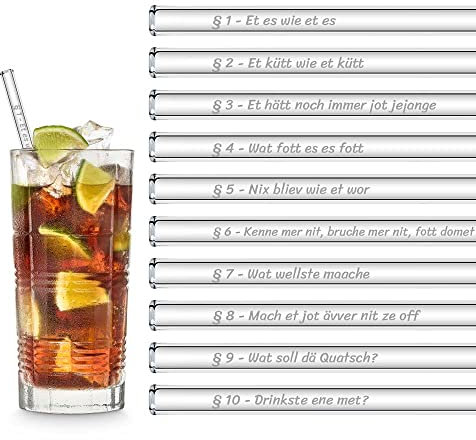 HALM Köln Karneval Glasstrohalme Lustige Fasching Sprüche | 6x 20cm Strohhalme Köln Karneval Geschenkset mit gravierten Sprüchen | Cocktail Set Kölle Alaaf