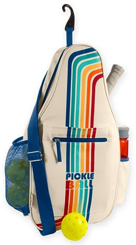 STEEL MILL AND CO. Unisex Pickleball-Tasche, verstellbare Schultertasche für Pickleball-Paddel mit Zaunhaken und Wasserflaschenhalter, Pickleball-Taschen für Damen und Herren, Retro-Streifen,