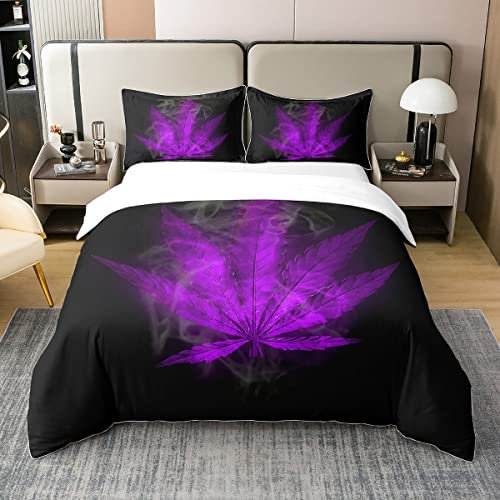 100% Bio Baumwolle Marihuana Bettbezug 200x200,Cannabis Blätter Bettwäsche Set,Bohemian Chic Rauchige Trippy Blätter Botanische Tröster Abdeckung,Gotische Natur Pflanze Unkraut Bett mit 2 Kissenbezüge
