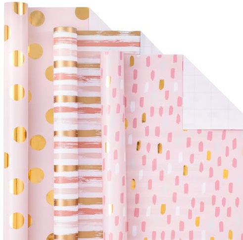 Holijolly Rosa Geschenkpapierrolle - Minirolle - Streifen/Punkte/Pailletten für Geschenkpapier, DIY-Basteln - 43,2 CM ×3,05 M - 3 Rollen (42,5 sq.ft.ttl.)