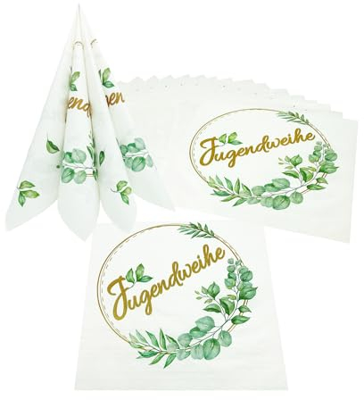 Oblique Unique® 20 Servietten Jugendweihe in 33x33 cm – 3-lagige Papierservietten Weiß mit goldbrauner Aufschrift & grünen Blättern – Tischdeko, Party-Deko & Feier-Dekoration für Jugendweihe