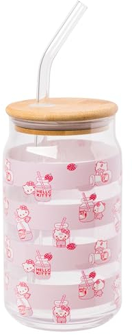 Silver Buffalo Sanrio Hello Kitty Strawberry Milk Pink Glass Jar Tumbler with Bamboo Lid and Glass Straw, 16 Ounces