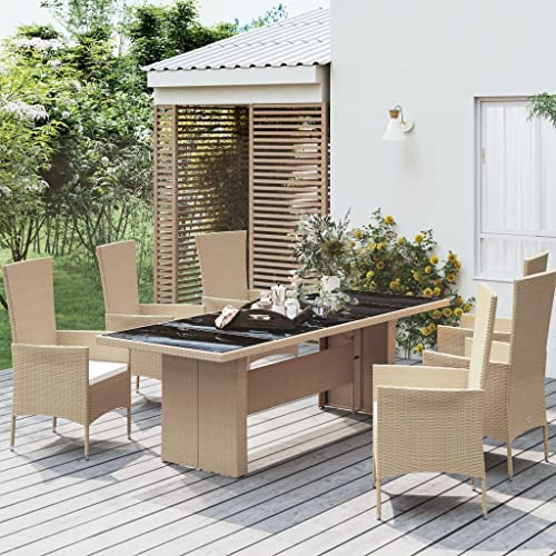 QZZCED Gartentisch mit Glasplatte Beige Poly Rattan & Hartglas, Garten Lounge Tisch Balkon Esstisch Patio Tisch Outdoor Tisch für Gärten, Terrassen, Balkone