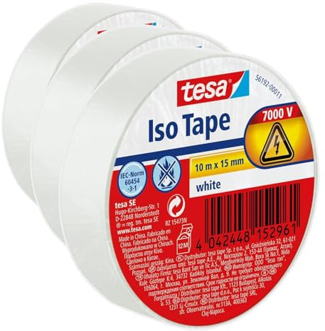 tesa Insulating Tape - Self-adhesive Insulating Tape, Heat-Resistant - for Insulating, Repairing and Bundling - 10 m - White (Pack of 3)