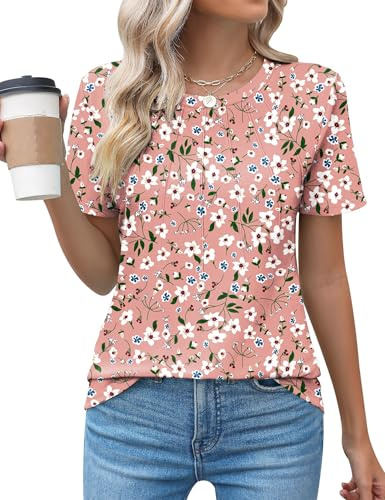 Rapbin Short Sleeve Shirts for Women UK Casual Crew Neck Going Out Blouses Fashion Pleated Tee Clothes 2026,Pink & White Floral,XL