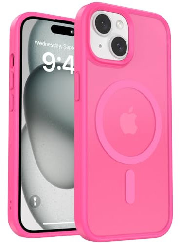 Kmofizle Handyhülle für iPhone 15 Hülle Kompatibel mit Magnet [Stärkste Saugkraft] mit Schutzfolie, [Transluzente Matte Schutzhülle] Stoßfeste Kratzfeste Mattierte Hülle iPhone 15, Rose Rot