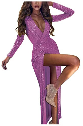 kosopse Abito da cerimonia A Linea Abito A Maniche Lunghe Da Donna Classico Scollo A V Abito Da Sera Sexy Vestito Da Festa, oro rosa, XXL