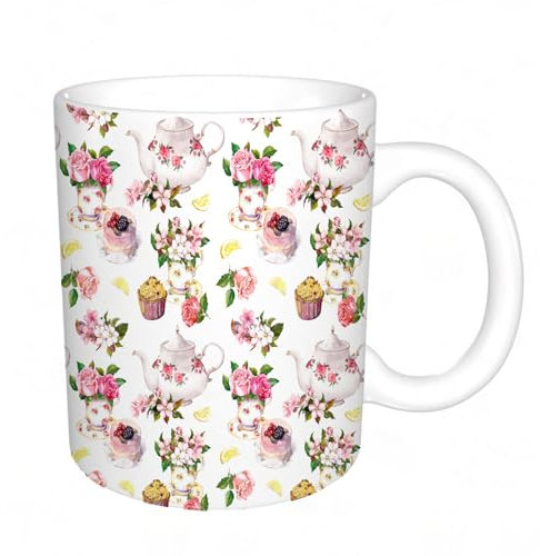 KDWJS Mug porcelaine fine Mug Tasses de 11 oz 330ml pour collègue,amis,frères et soeurs imprimer Tasse de café exquis CadeauDécor Shabby Chic Rose Théières Vintage Fleurs Feuilles Gâteaux Citron Impr