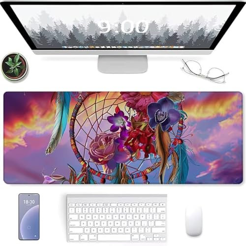 Mouse Pad Large, 1200 x 600 x 3mm Mice Pad with Non-Slip Rubber Base, Mouse Mats for Comters Durable Stitched Edges, Neoprene Smooth Surface for Laser and Optical Mouse Mat, Flower Dream Catcher