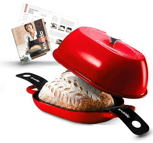 Krustic Enameled Cast Iron Dutch Oven for Professional Sourdough Bread Baking | 5.5 Quart Loaf Size Oval Cookware Pot with Lid | Triple-Layer Enamel Coating Pan with Non Stick Silicone Mat |Red