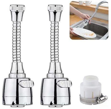 KASESSS 2Pcs Kitchen Tap Spray Head with 1 Universal Adaptor, Tap Extender for Kitchen Sink, Kitchen Faucet Extender 360° Swivel Water Saving 2 Modes, Anti-Splash Kitchen Tap Extension