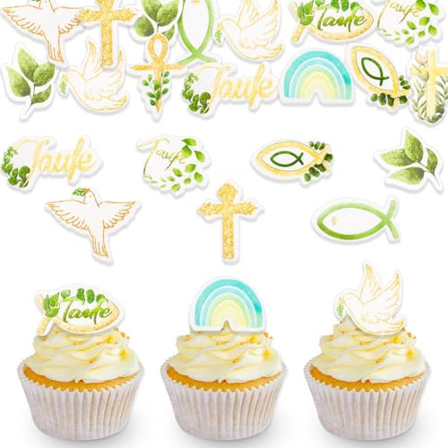 DazzJoy 48 Stück Essbare Tortendeko Taufe Deko Mädchen,Essbare Cake Topper Taufe,Esspapier Taufe Tortendeko,Essbare Deko Taufe,Taufe Muffin Deko Essbar,Kreu Cupcake Topper Taufe Kuchen Deko Essbar