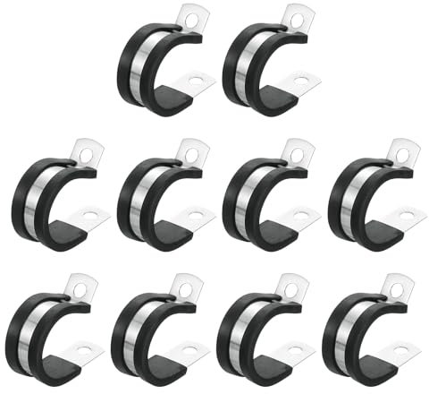 sourcing map 1(24mm) Cable Clamp, 304 Stainless Steel Rubber Cushioned Insulated Clamp R Shape Metal Clamp Tube Holder for Pipe Hose Wire Cord Installation 10Pcs