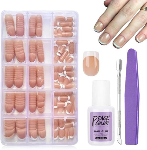 Press On Nails French Tip - 240 Pcs Natural Coffin French False Nails Kit - Medium Long Square Nude Fake Nails - Glossy Full Cover Stick On Nail For Women Girls Nail Art Ballerina Manicure