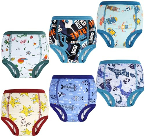 MOEMOE BABY Pantaloni da allenamento per bambini, pantaloni da allenamento per bambini, pantaloni da addestramento per WC, biancheria intima riutilizzabile per vasino, pesce blu, confezione da 6, 2
