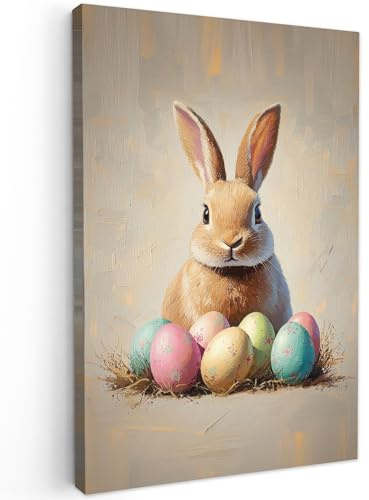 MuchoWow© Wandbilder Wohnzimmer Wanddeko Schlafzimmer Zimmerdeko | 60x90 cm - Wandgemälde Zimmer Deko auf Wand Dekoration Wall Art Osterhase - Pastell - Eier