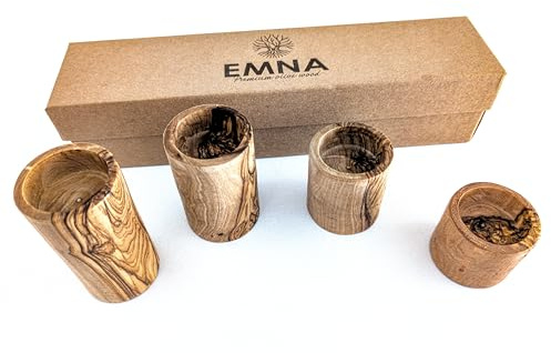 EMNA – Olivenholz Teelichthalter 4er Set, Kerzenhalter Holz, nachhaltige Deko, Meditationsdeko, Geschenk für Frauen, natürliche Wohnungsdeko, Valentinstag, Muttertag, Geburtstag