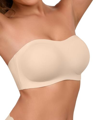 SHARICCA Damen Trägerloser BH Push Up ohne Bügel Bandeau Top Rutschfester Silikon Seamless Bralette mit Abnehmbarer Schultergurt Strapless Bra (Haut-1P02,L)