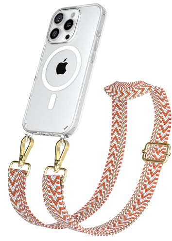 EAZY CASE Handykette - Verstellbares Taschenband kompatibel mit iPhone 16 Pro, Schulterriemen, Handykordel mit Silikon Hülle, Qi Charging kompatibel, Umhängetasche, Blau Rot Gold