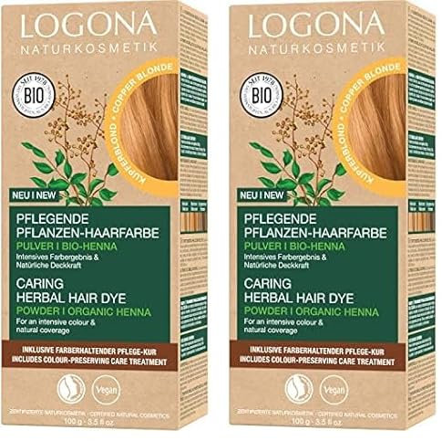 LOGONA Naturkosmetik Pflegende pflanzliche Haarfarbe, Veganes Haarfarbe-Pulver mit Bio-Henna für intensive Farbe und Glanz, Pflanzenhaarfarbe in Kupferblond (Blond), 1 x 100g (Packung mit 2)