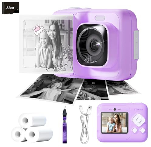 ETIKEZ Instant Print Camera for Kids, HD Digital Camera, Christmas Birthday Gifts for 4 5 6 7 8 9 10 Year Old Girls Boys, Portable Toy Printer with 32GB SD Card & 3 Rolls Printing Paper, Plum