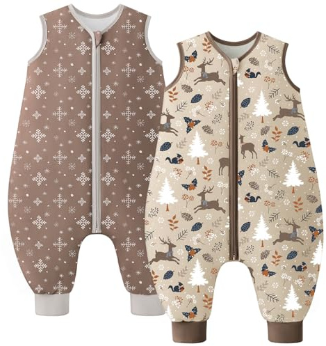 Looxii 2er Pack Schlafsack Baby mit füßen 1.5 Tog Baumwolle BabySchlafsack Herbst Ganzjahres Schlafsack mit Beinen für Kinder 3-4 Jahre Jungen Mädchen 90 cm Braun Elch