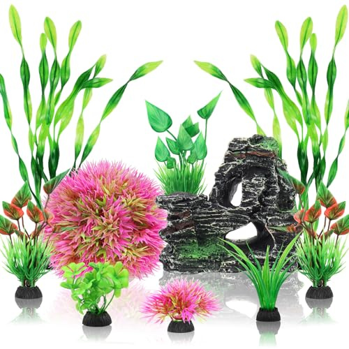 QUOZUO Fish Tank Accessories Aquarium Plants, 10pcs Colorful Fish Bowl Ornaments Plants and Rock Cave Decor Set, Aquarium Decor