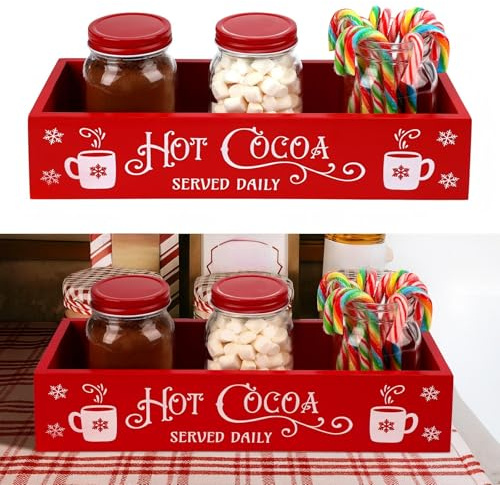 Vesici Christmas Hot Cocoa Bar Wood Station Organizer with 3 Glass Jars | Chocolate Decorative Storage Box Bins, Farmhouse Coffee Hot Cocoa Bar Supplies, Xmas Winter Holiday Gift, Party Home Supplies