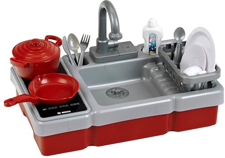 Theo Klein 7110 Bosch Mini Children's Kitchen, Sink with Water Pump Function, Hob with Light and Sound, Includes Cooking and Dinnerware, Toy for Children from 3 Years
