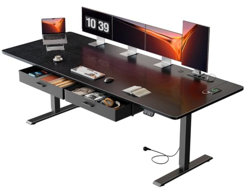 SOLAVERO Bureau Assis Debout Électrique, 200 x 80 cm, avec USB-C, Noir | Prise Intégrée, Port USB-C, 2 Tiroirs Amovibles, Positions Mémorisables, Passe-Câbles, Facile à Assembler