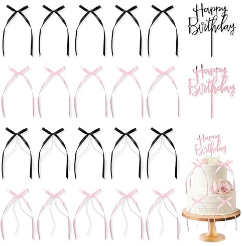 PYSEOSISE Bogen Tortendeko, Schwarz und Pink Tortendeko Schleife, 50 Stück Bögen Tortenaufleger und 2 Stück Happy Birthday Cake Topper für Geburtstag Kuchen Deko Hochzeitstorte Deko