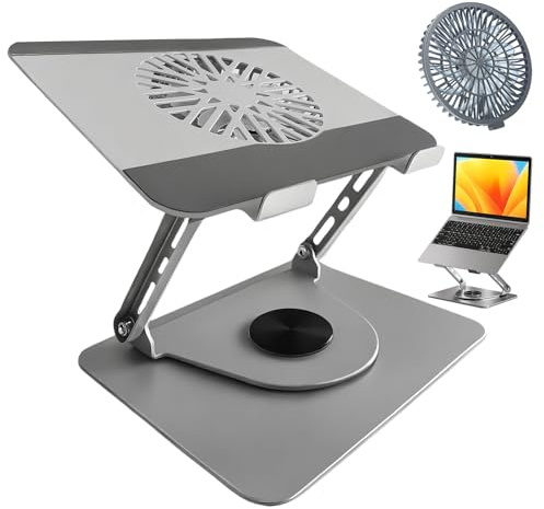 BeSokar Supporto per laptop in alluminio, girevole a 360°, pieghevole, con ventola magnetica per raffreddamento, compatibile con MacBook e dispositivi da 10 a 17,3 pollici (grigio chiaro)