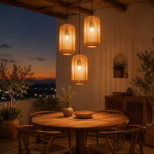 Deboola Pendelleuchte Boho Hängelampe Rattan Lampe Hängend Höhenverstellbar | Hängeleuchte Esszimmer 3 flammig Esstischlampe Retro Design mit E27 Fassung für Schlafzimmer Wohnzimmer/Ohne Leuchtmittel