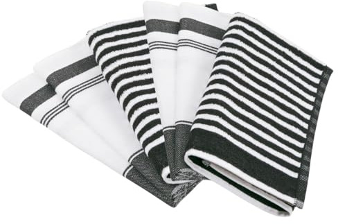 Ross Exclusiv 6-teiliges Küchentuch Set – 4X Halbleinen Geschirrtücher 50x70cm, 2X Weiche Baumwolle Küchentücher 50x50cm – Saugstark, Schnell trocknend – Streifenlook - Schwarz