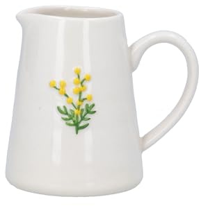 Gisela Graham Mini Serving Jug, Embossed Yellow Mimosa Flower, White Stoneware, 100ml