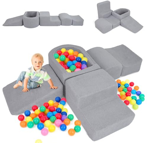 COSTWAY 5PCS Parcours Motricité Bébé en Mousse avec Piscine à Balles, Module Motricité Bébé avec Housse en Sherpa Lavable, Jouets Éducatifs pour Ramper Grimper pour 3 Ans+, sans Balles